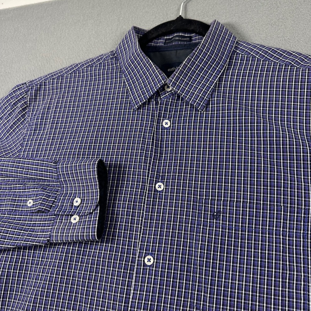 Estivaneli Mens Large Blue White Grid Plaid Long Sleeve Button Down Cotton Shirt